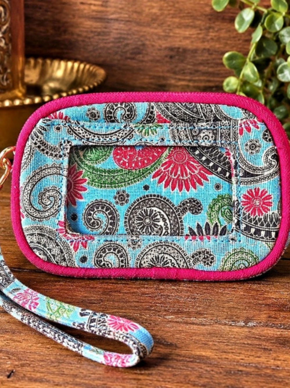 Mud Pie Paisley Floral Wristlet Wallet ID Window Blue Pink Boho